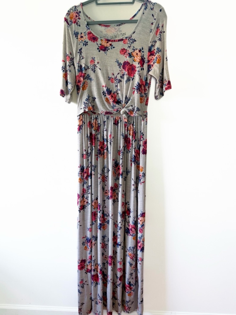 Latched Mama Gray w/Pink Floral Maxi Maternity Nursing Dress Short Sleeve Size M